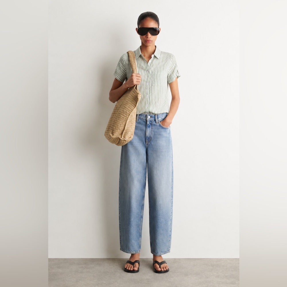 MIDNIGHT SKY - Green & White Striped Linen Blend Button-Up Shirt